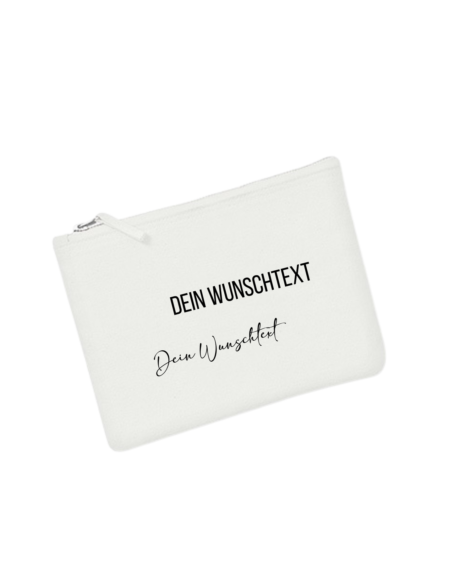 weißes Täschchen mit schwarzer Schrift "Dein Wunschtext" in Blockbuchstaben und verschnörkelter Schrift