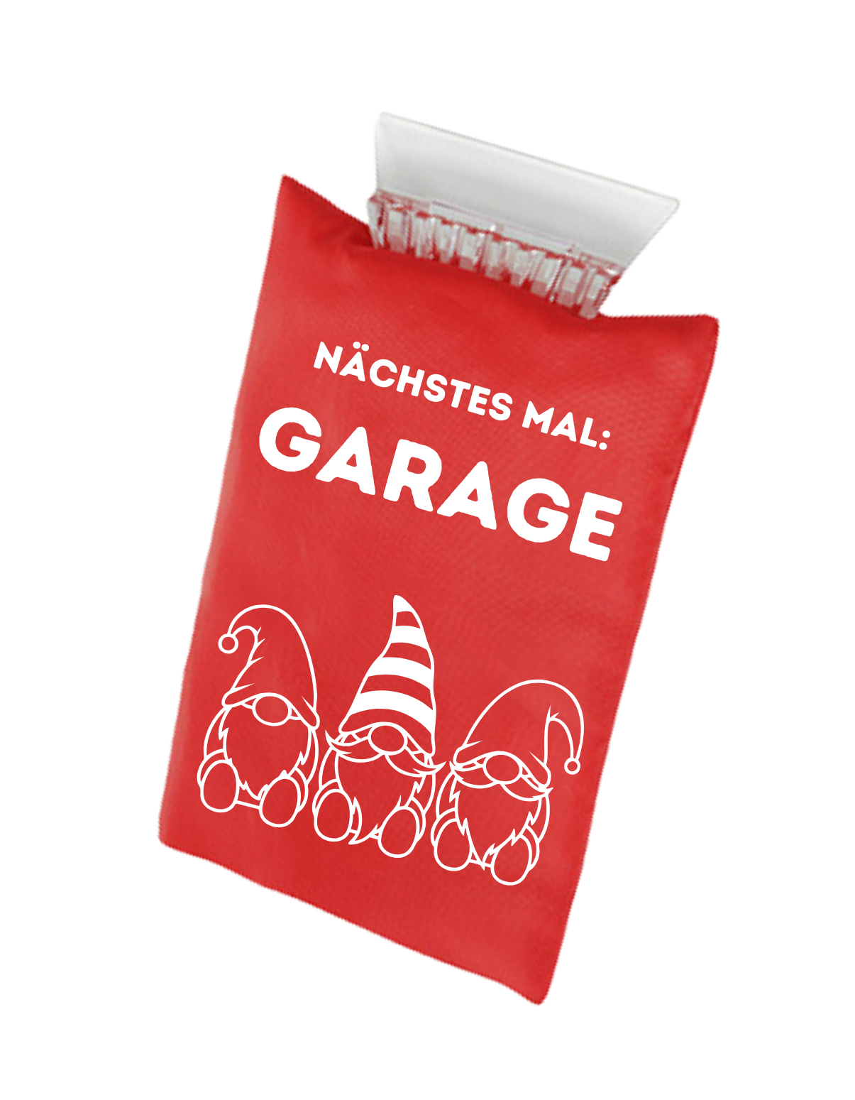 Roter Eiskratzer mit 3 Wichteln und weißem Text: Nächstes Mal: Garage