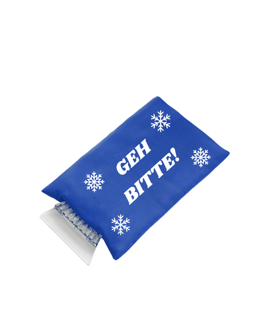 Eiskratzer mit blauem handschuh mit weißen Schneeflocken und weißer Schrift: GEH BITTE!