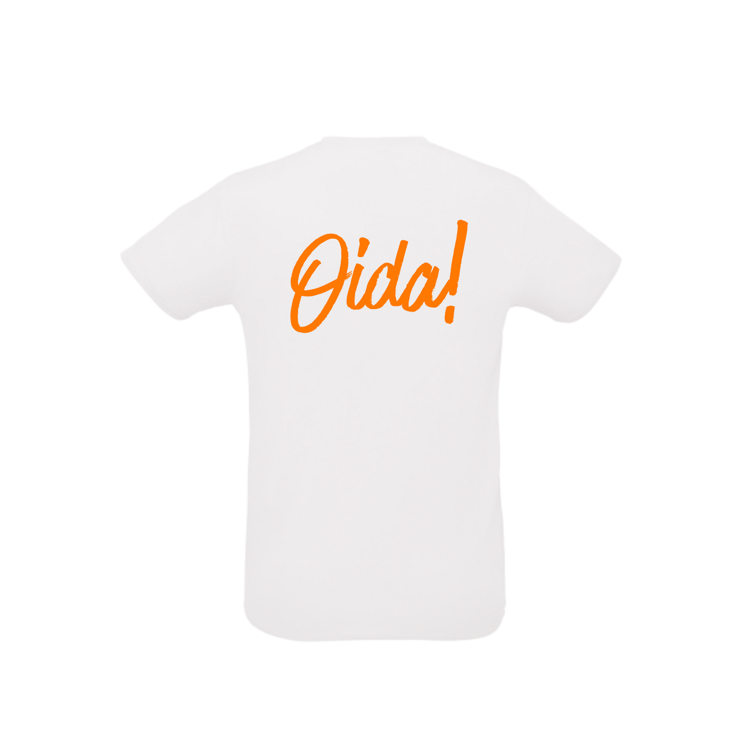 weißes Sportleiberl kurzärmelig mit oranger Schreibschrift "Oida!" am Rücken