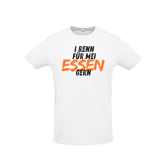 weißes Sportleiberl kurzärmelig mit schwarzer Schrift "I renn für mei ESSEN (in orange) gern" über der Brust
