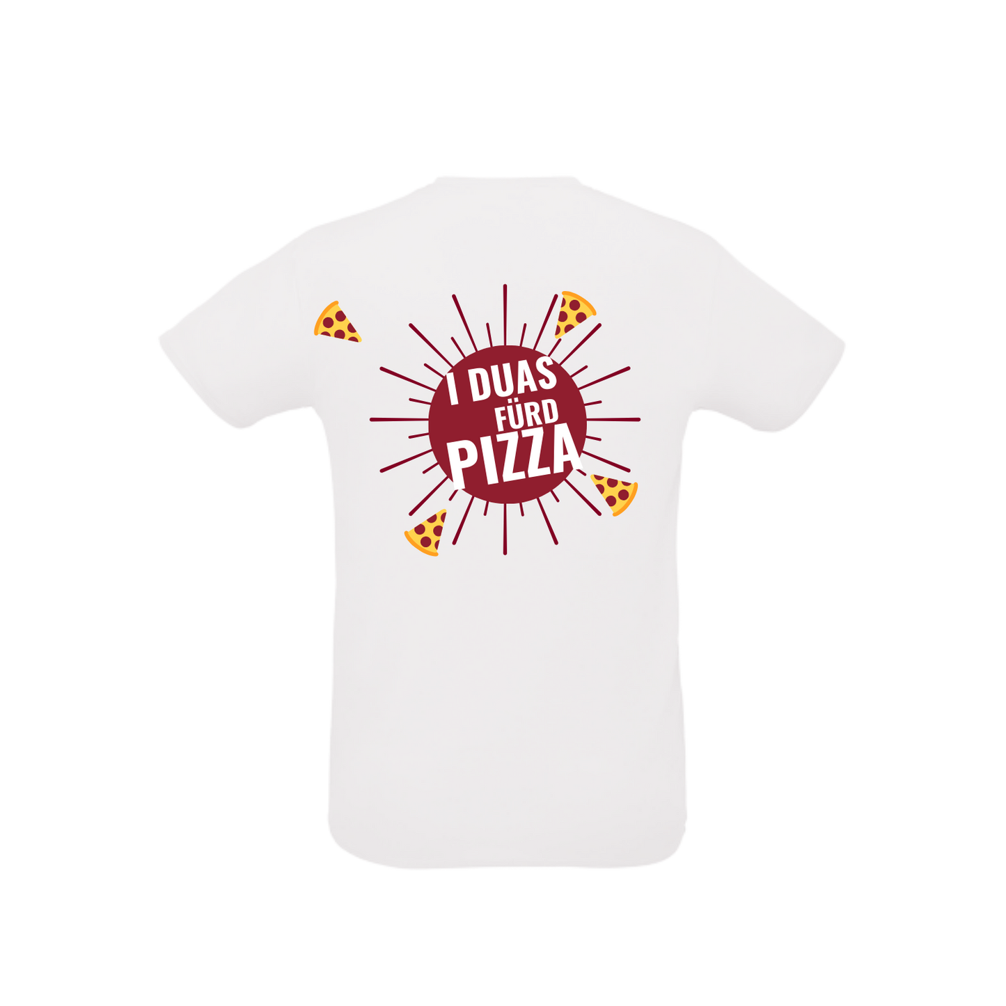 weißes Sportleiberl kurzärmelig mit dunkelrotem Pizza design "I duas fürd Pizza" am Rücken