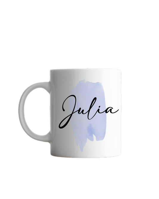 blauer Pinselstrich Aquarell und darüber schwarze geschwungene Schrift "Julia"
