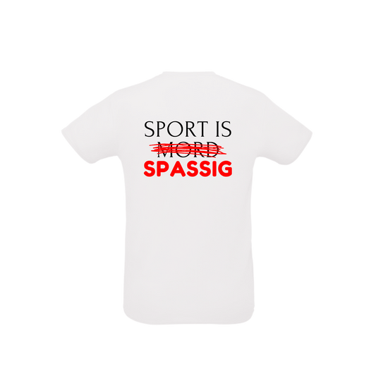 weißes Sportleiberl kurzärmelig mit schwarzer Schrift und rotem durchgestrichenem "Mord" "Sport is Mord - Spassig!" am Rücken