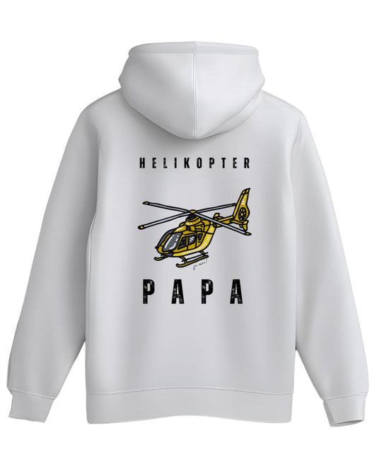 weißer Kapuzenpulli von hinten mit gelbem Helikopter-Design und Schwarzer Schrift rüber: Helikopter und drunter: PAPA