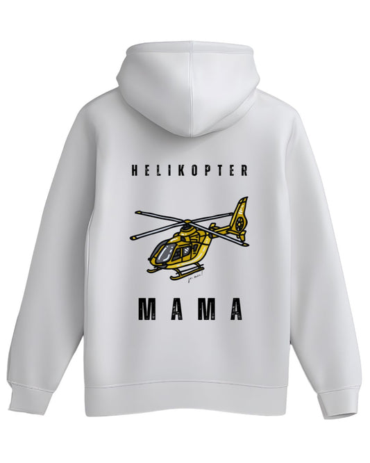 weißer Kapuzenpulli von hinten mit gelbem Helikopter-Design und Schwarzer Schrift rüber: Helikopter und drunter: MAMA