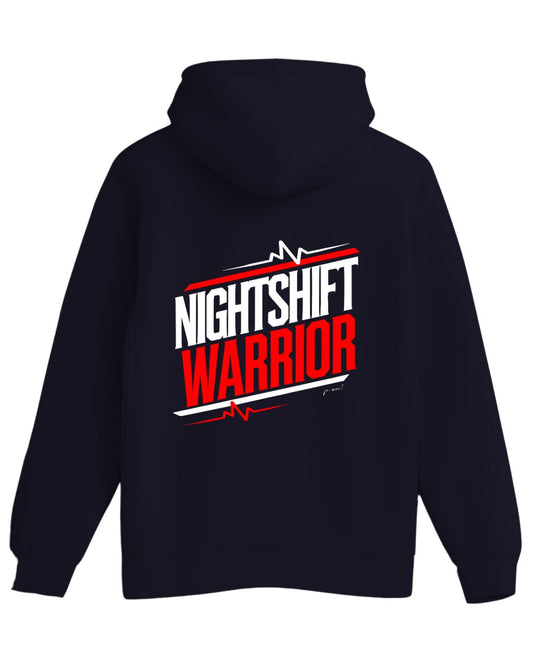 schwarzer Unisex Kapuzenpulli mit weiß-rotem Textaufdruck "Nightshift warrior" EKG Linien ober- und unterhalb