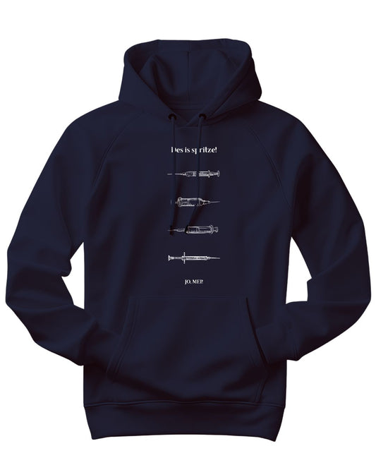 marineblauer Kapuzenpullover mit "Des is spritze!" und vier verschiedenen Spritzen-Illustrationen - Wiener Dialekt Mediziner Humor