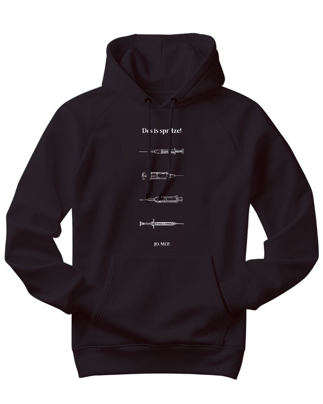 schwarzer Kapuzenpullover mit "Des is spritze!" und vier verschiedenen Spritzen-Illustrationen - Wiener Dialekt Mediziner Humor