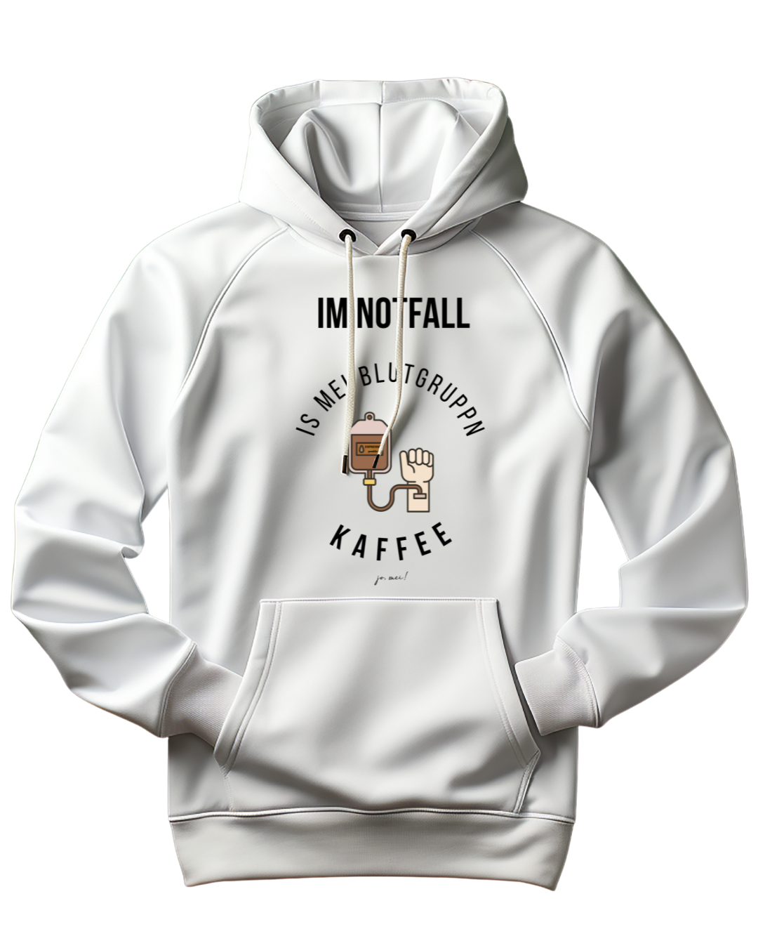 weißer Unisex Kapuzenpulli mit Blutkonservenabbildung in braun und Text: Im Notfall is mei Blutgruppn Kaffee