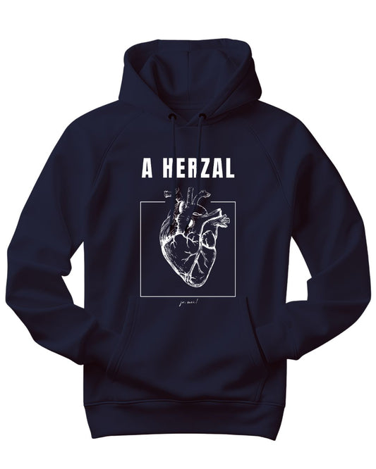 marineblauer unisex Kapuzenpulli mit weißem Text: A Herzal und anatomisch korrektem Herzen in schwarzem Quadrat (Linie) eingefasst