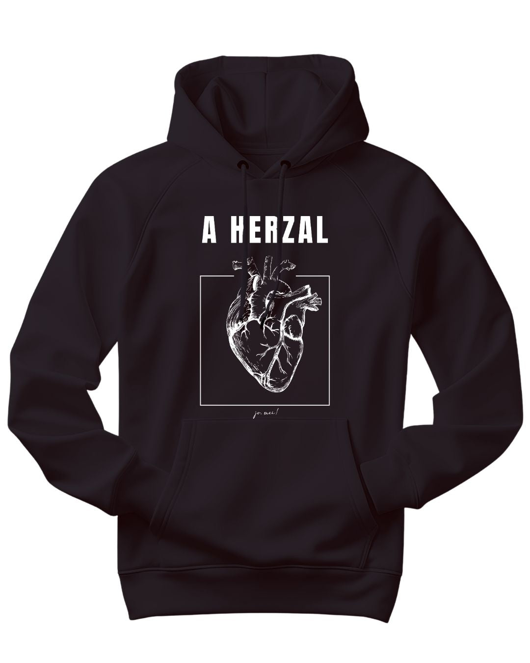 marineblauer unisex Kapuzenpulli mit weißem Text: A Herzal und anatomisch korrektem Herzen in schwarzem Quadrat (Linie) eingefasst