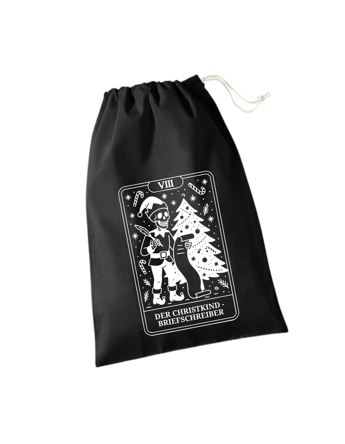 schwarzes Adventkalendersackerl, weißes Skelett-Designs: Der Christkindbriefschreiber