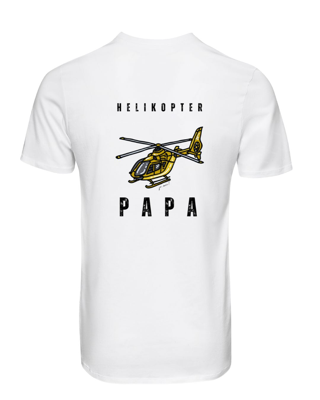 weißes Leiberl von hinten mit gelbem Helikopter-Design und Schwarzer Schrift rüber: Helikopter und drunter: PAPA