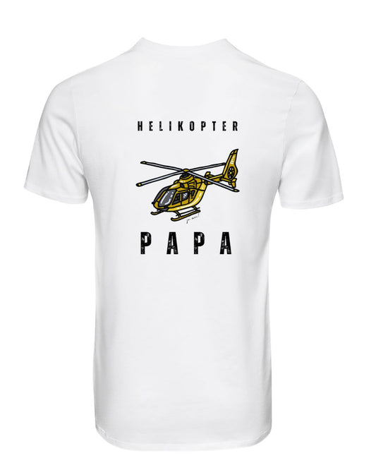 weißes Leiberl von hinten mit gelbem Helikopter-Design und Schwarzer Schrift rüber: Helikopter und drunter: PAPA