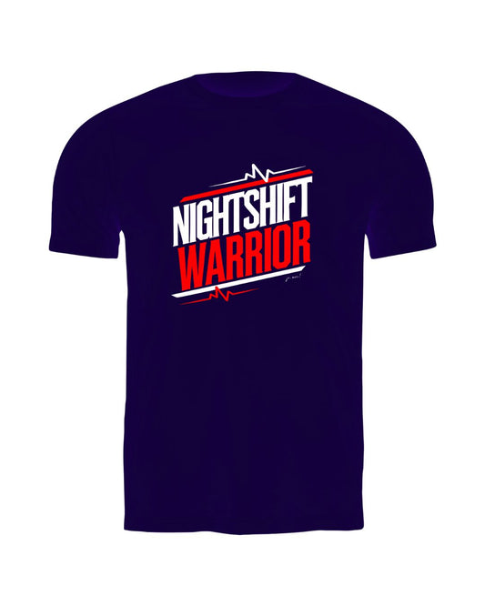 marineblaues Leiberl mit weiß-rotem Textaufdruck "Nightshift warrior" EKG Linien ober- und unterhalb
