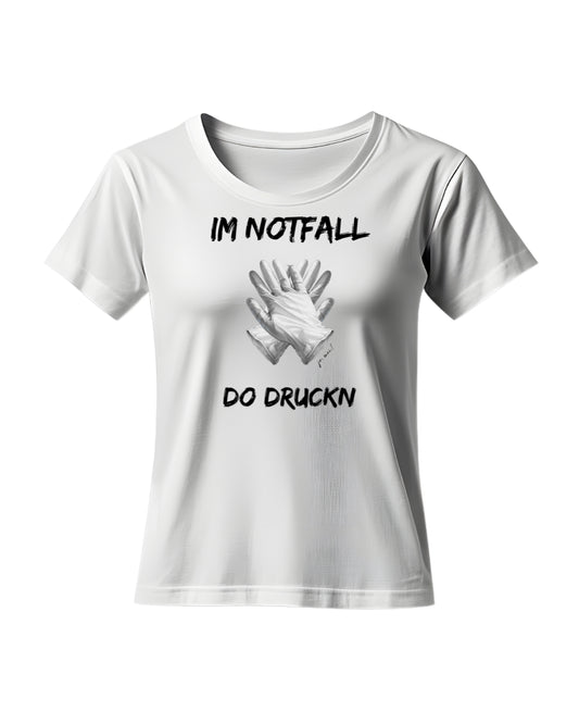 weißes feminines Leiberl mit reanimierenden Handschuhen als Aufdruck und schwarzem Text: "Im Notfall do druckn"