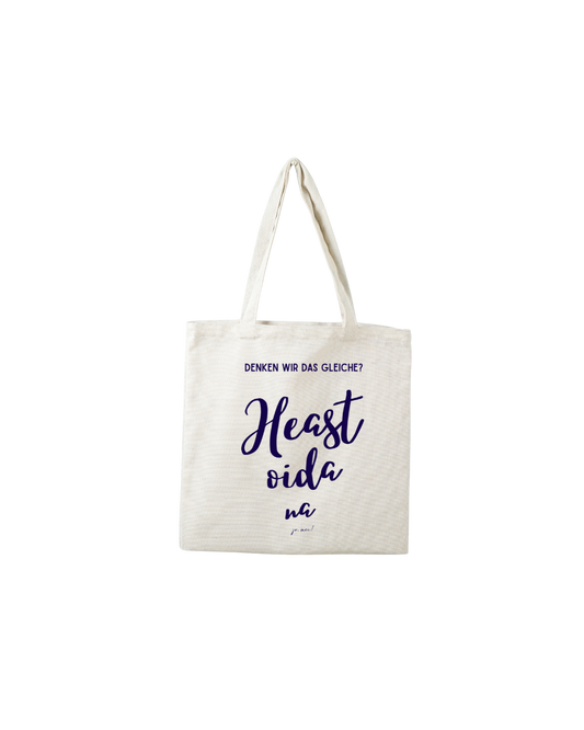 naturfarbene Biobaumwolltasche mit dunkelblauem Text: Denken wir das Gleiche? Heast oida na