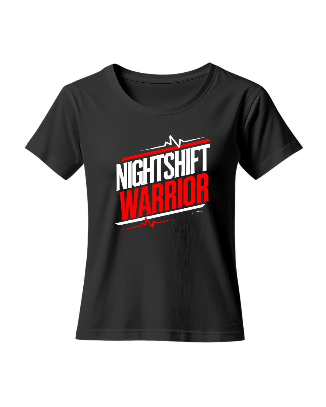 schwarzes Leiberl mit weiß-rotem Textaufdruck "Nightshift warrior" EKG Linien ober- und unterhalb