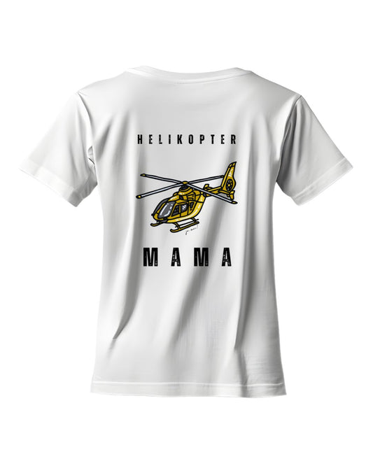 weißes feminines Leiberl Rückenansicht mit gelbem Helikopter-Design und Schwarzer Schrift rüber: Helikopter und drunter: MAMA