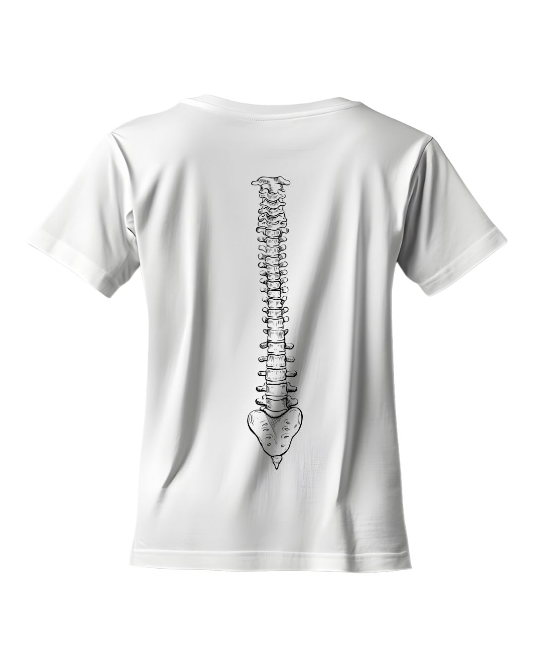 Weißes T-Shirt mit anatomischer Wirbelsäule am Rücken