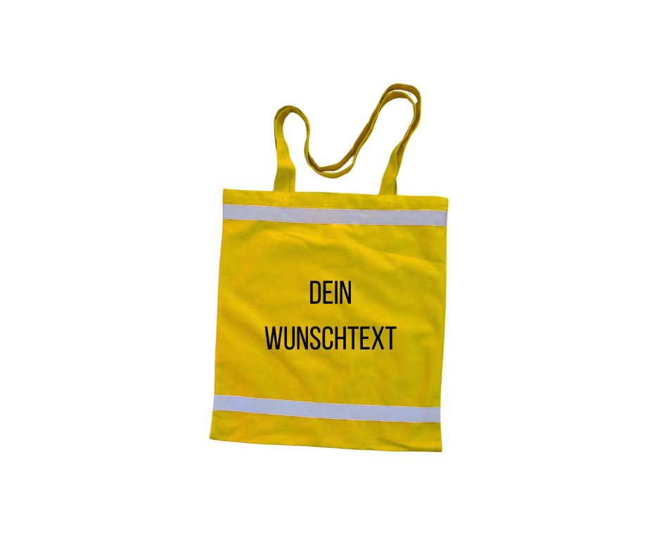 Stylische gelbe Einkaufstasche mit reflektierenden Streifen und schwarzem Wunschtext