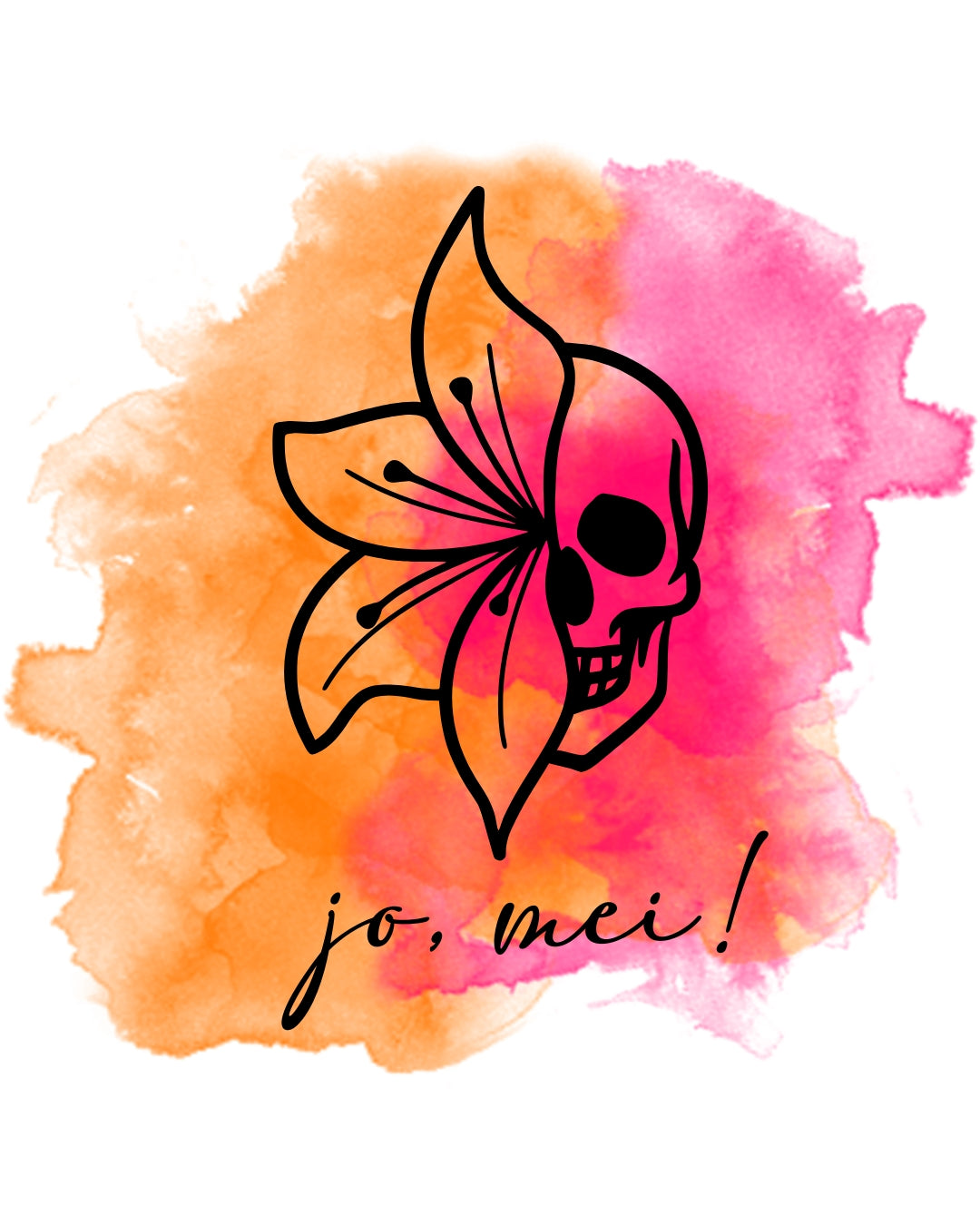 Österreichischer Ausdruck "JO, MEI!" mit künstlerischem Totenkopf-Design auf Aquarell-Hintergrund - der universelle Seufzer für alle Lebenslagen