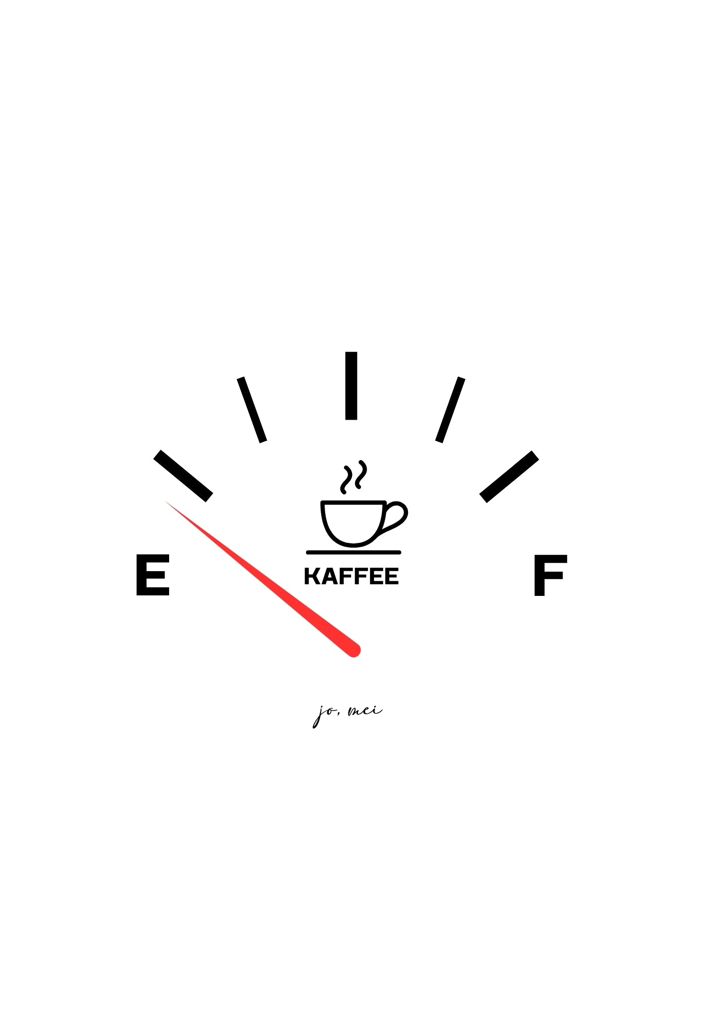Minimalistische Tankanzeige im Auto-Style mit rotem Zeiger bei "E" (Empty), Kaffeetassen-Symbol in der Mitte und "KAFFEE" als Beschriftung - Krankenhaus-Humor über Koffeinbedarf
