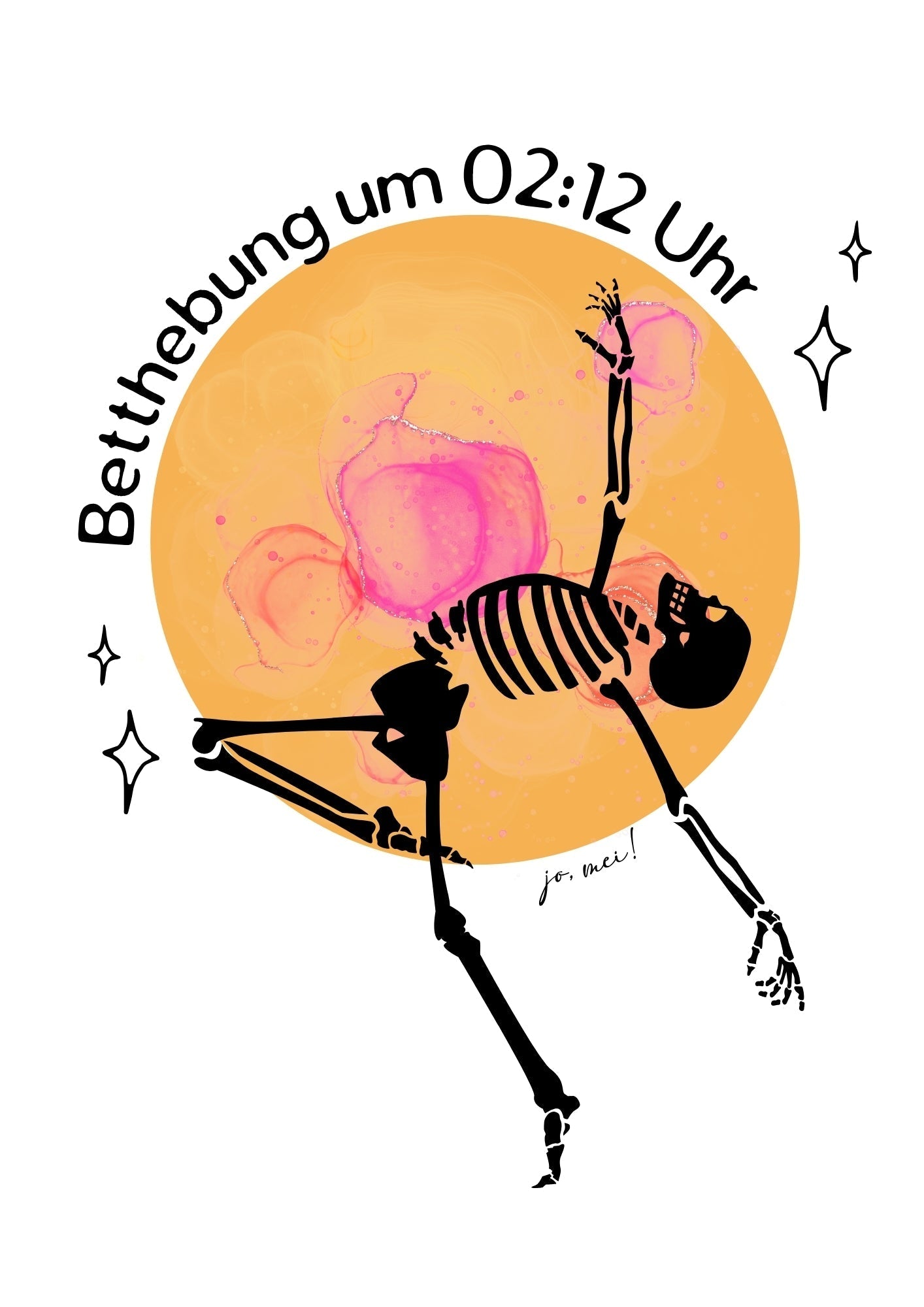 Tanzendes Skelett mit rosa Herz vor orangem Mond mit der Aufschrift "Betthebung um 02:12 Uhr" - humorvolles Design über Nachtdienst-Einsätze im Rettungsdienst