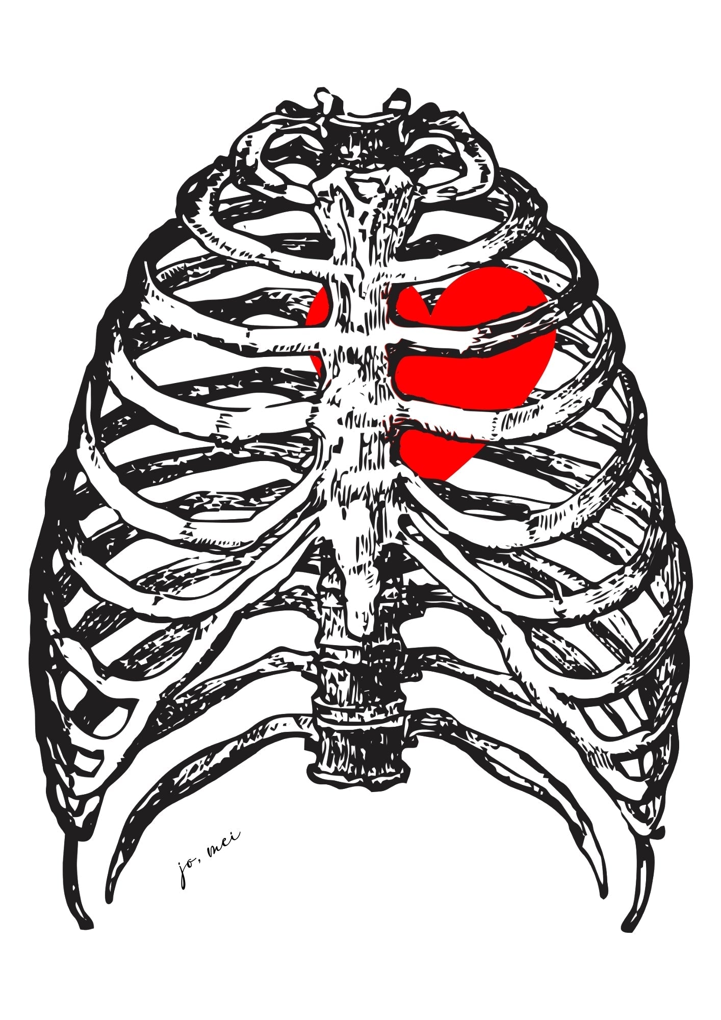 Anatomische Brustkorb-Illustration mit rot hervorgehobenen Rippen als Symbol für "Wiener haben weiche Herzen unter der harten Brust" - Wiener Humor Design