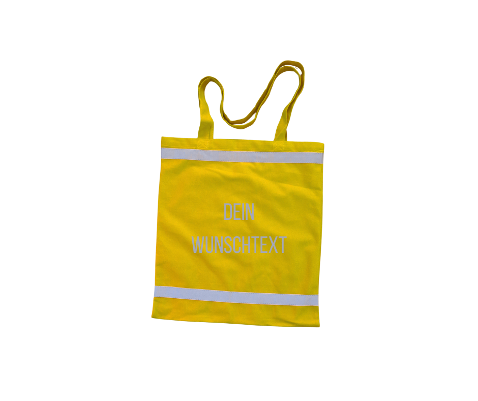 Stylische gelbe Einkaufstasche mit reflektierenden Streifen und reflektierendem Wunschtext