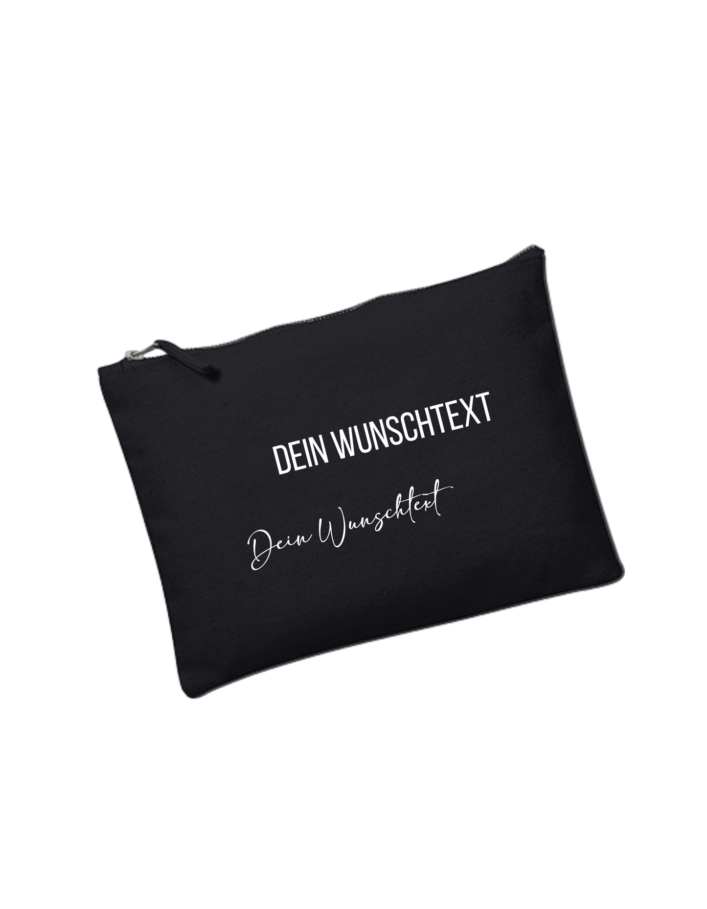 schwarzes Täschchen mit weißer Schrift "Dein Wunschtext" in Blockbuchstaben und verschnörkelter Schrift