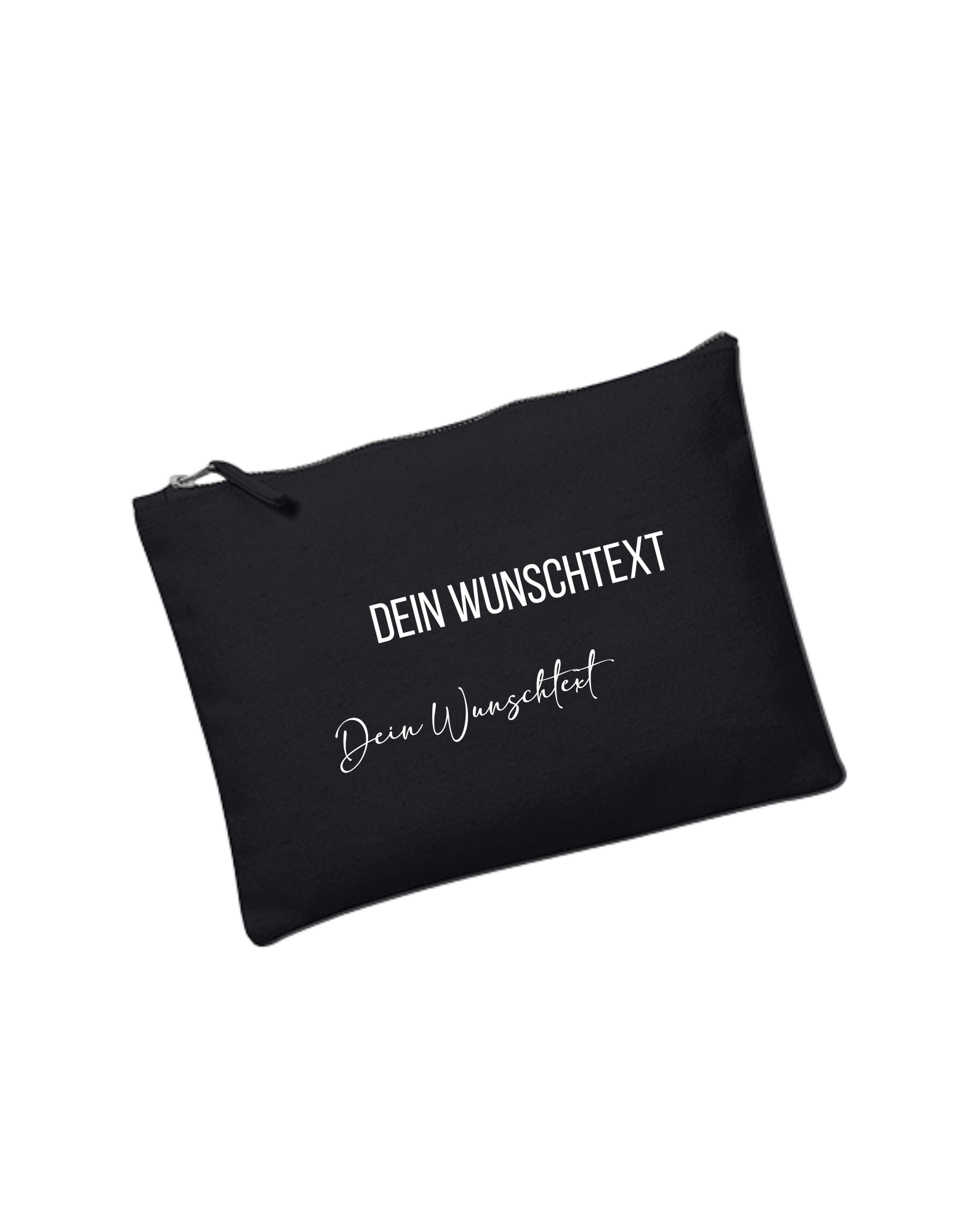 schwarzes Täschchen mit weißer Schrift "Dein Wunschtext" in Blockbuchstaben und verschnörkelter Schrift