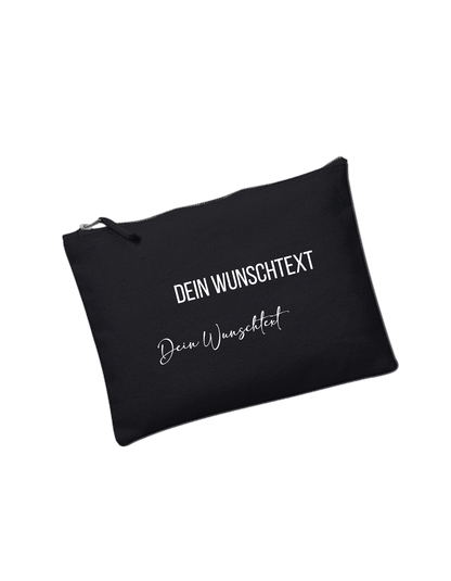 schwarzes Täschchen mit weißer Schrift "Dein Wunschtext" in Blockbuchstaben und verschnörkelter Schrift