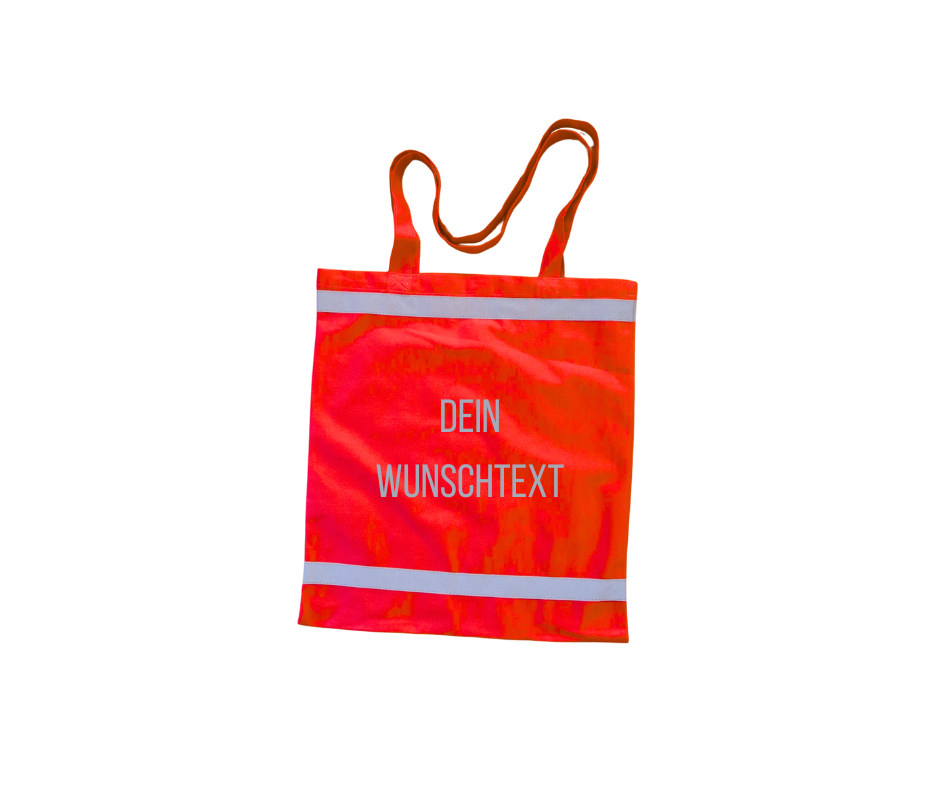 Stylische rote Einkaufstasche mit reflektierenden Streifen und reflektierendem Wunschtext