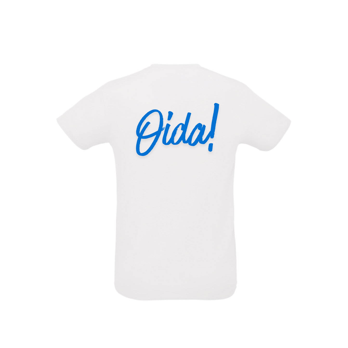 weißes Sportleiberl kurzärmelig mit blauer Schreibschrift "Oida!" am Rücken