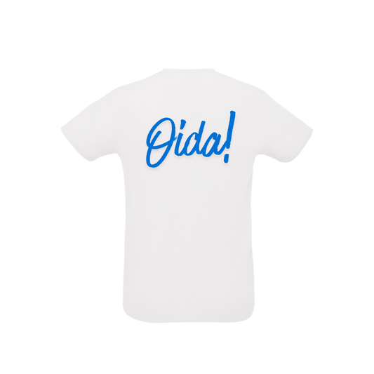weißes Sportleiberl kurzärmelig mit blauer Schreibschrift "Oida!" am Rücken