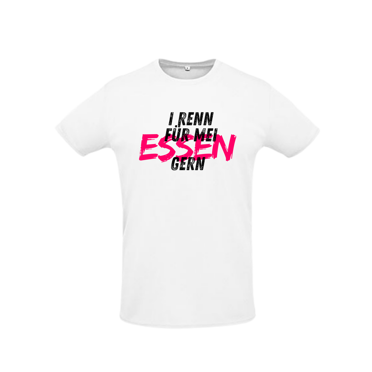 weißes Sportleiberl kurzärmelig mit schwarzer Schrift "I renn für mei ESSEN (in pink) gern" über der Brust
