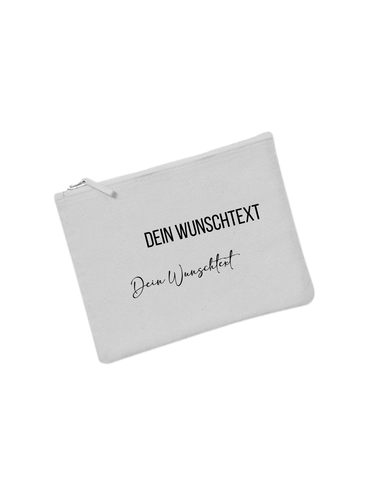 graues Täschchen mit schwarzer Schrift "Dein Wunschtext" in Blockbuchstaben und verschnörkelter Schrift