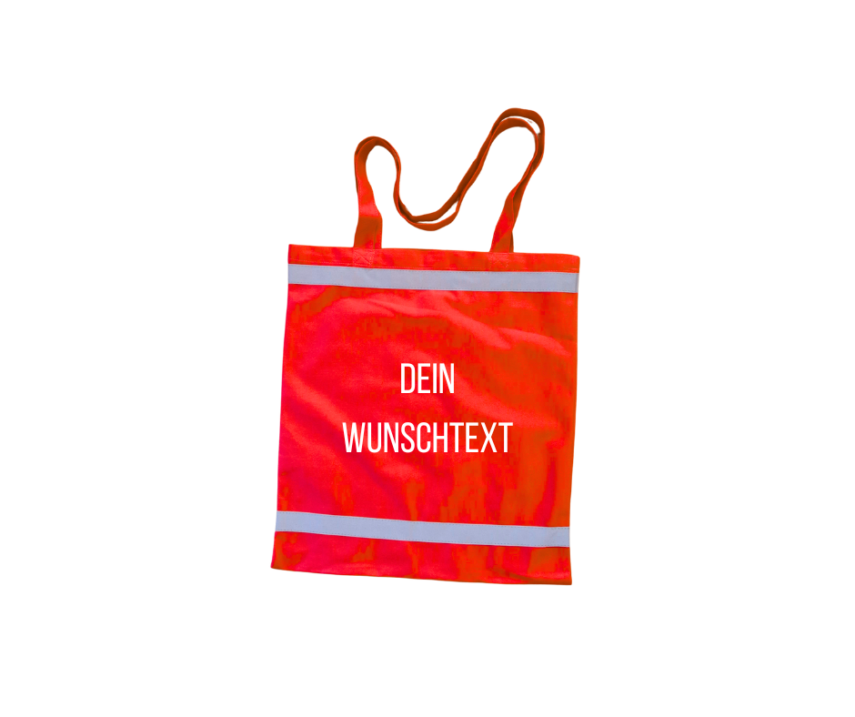 Stylische rote Einkaufstasche mit reflektierenden Streifen und weißem Wunschtext