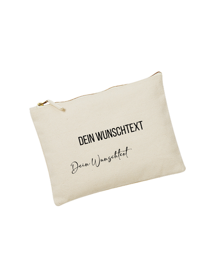 naturfarbenes Täschchen mit schwarzer Schrift "Dein Wunschtext" in Blockbuchstaben und verschnörkelter Schrift