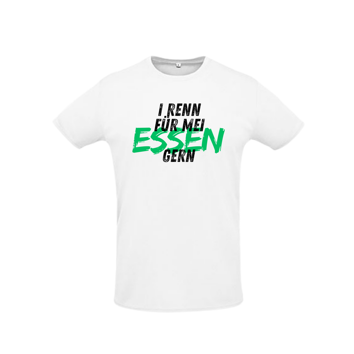 weißes Sportleiberl kurzärmelig mit schwarzer Schrift "I renn für mei ESSEN (in grün) gern" über der Brust