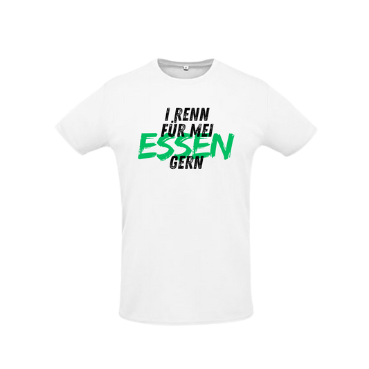weißes Sportleiberl kurzärmelig mit schwarzer Schrift "I renn für mei ESSEN (in grün) gern" über der Brust