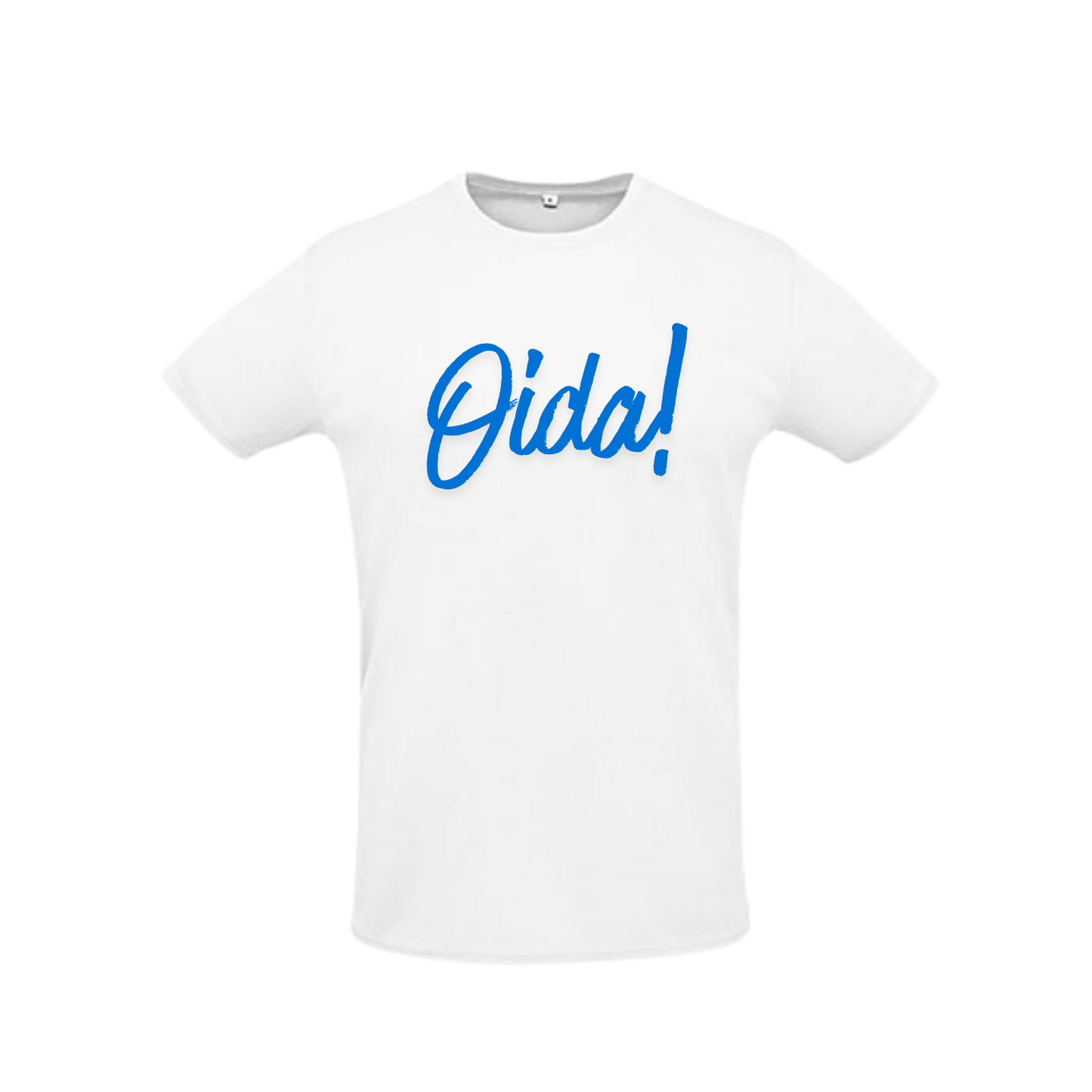 weißes Sportleiberl kurzärmelig mit blauer Schreibschrift "Oida!" über der Brust