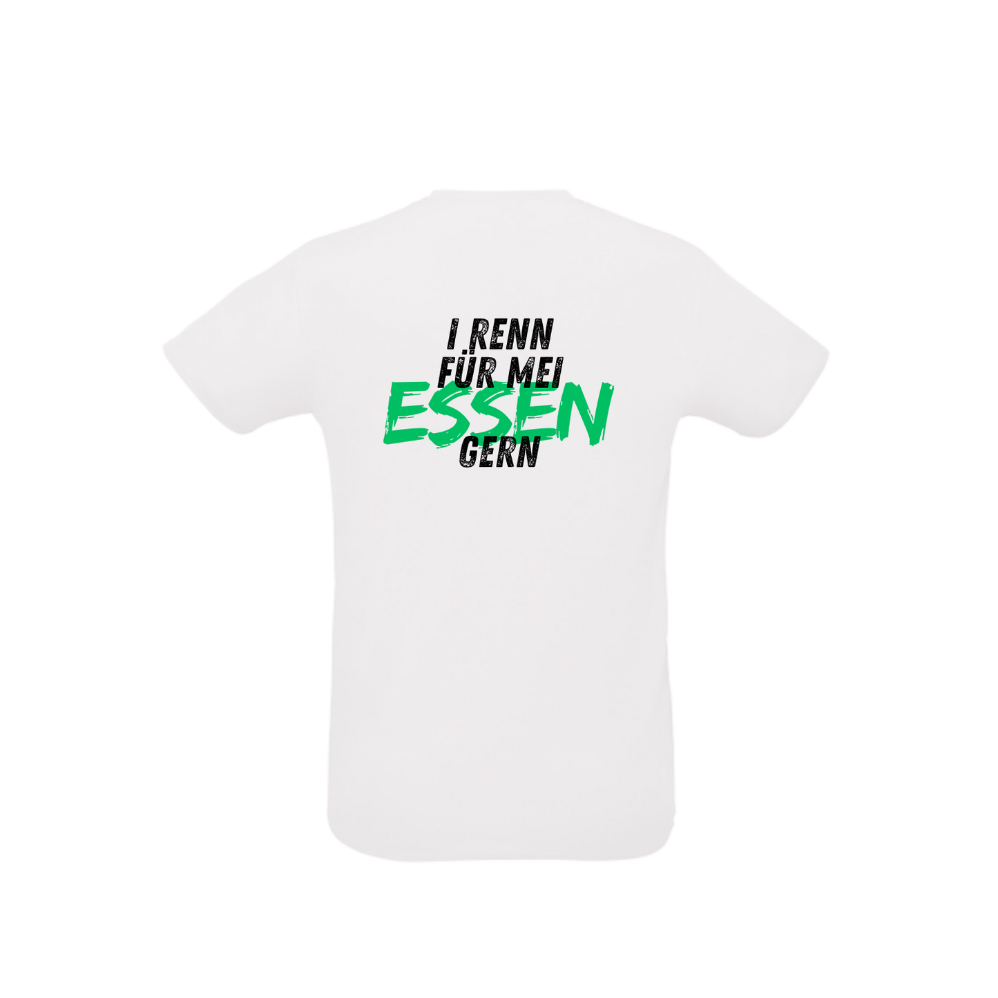 weißes Sportleiberl kurzärmelig mit schwarzer Schrift "I renn für mei ESSEN (in grün) gern" am Rücken