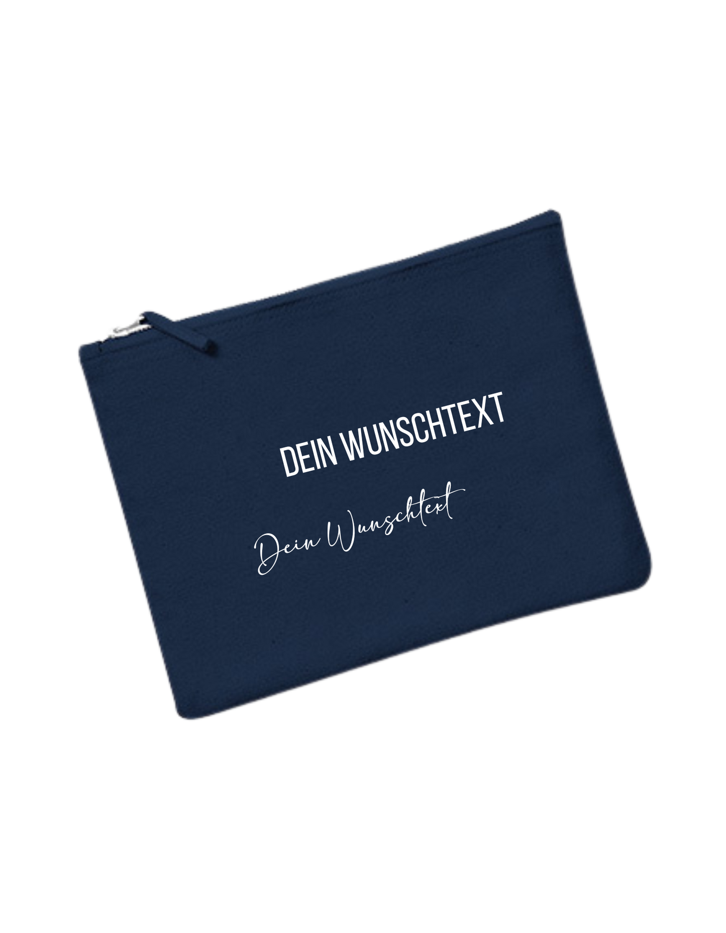marineblaues Täschchen mit weißer Schrift "Dein Wunschtext" in Blockbuchstaben und verschnörkelter Schrift