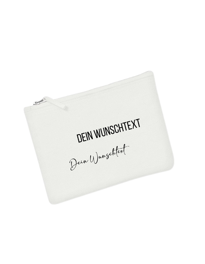 weißes Täschchen mit schwarzer Schrift "Dein Wunschtext" in Blockbuchstaben und verschnörkelter Schrift