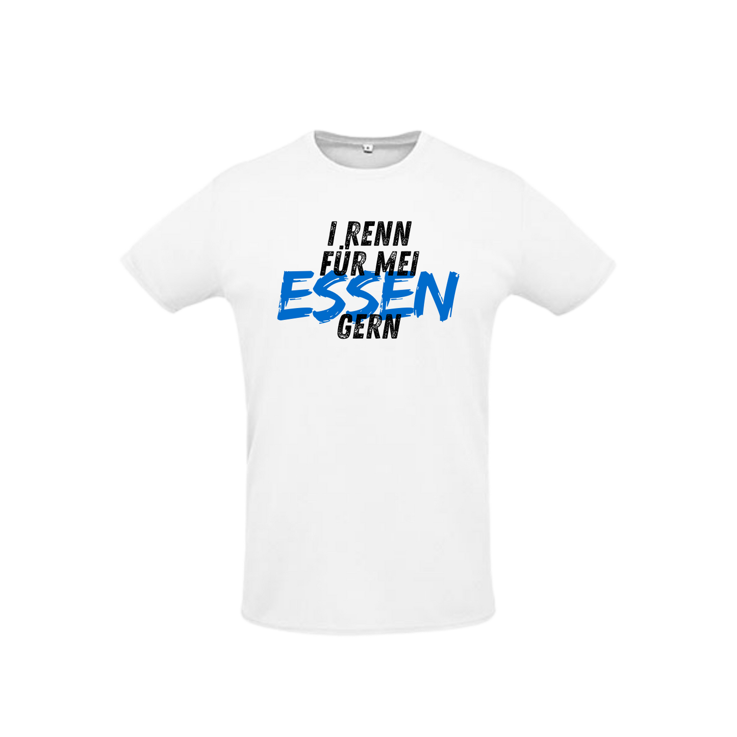 weißes Sportleiberl kurzärmelig mit schwarzer Schrift "I renn für mei ESSEN (in blau) gern" über der Brust