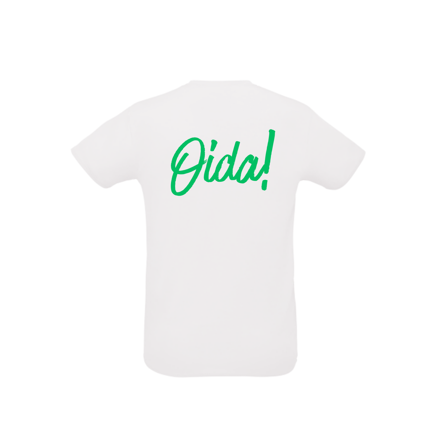 weißes Sportleiberl kurzärmelig mit grüner Schreibschrift "Oida!" am Rücken