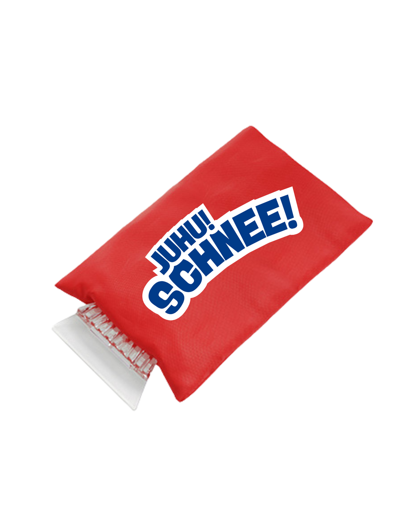 Eiskratzer mit rotem handschuh und blauer Schrift auf weißem Grund: JUHU! SCHNEE!